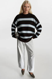 Striped Bike Collar Oversized Knit Brown Sweater