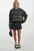 Striped Crew Neck Oversize Knit Anthracite Sweatshirts