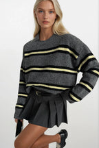 Striped Crew Neck Oversize Knit Anthracite Sweatshirts