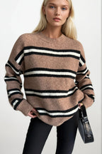 Striped Crew Neck Oversize Mink Knit Sweater