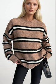 Striped Crew Neck Oversized Mink Knit Sweater