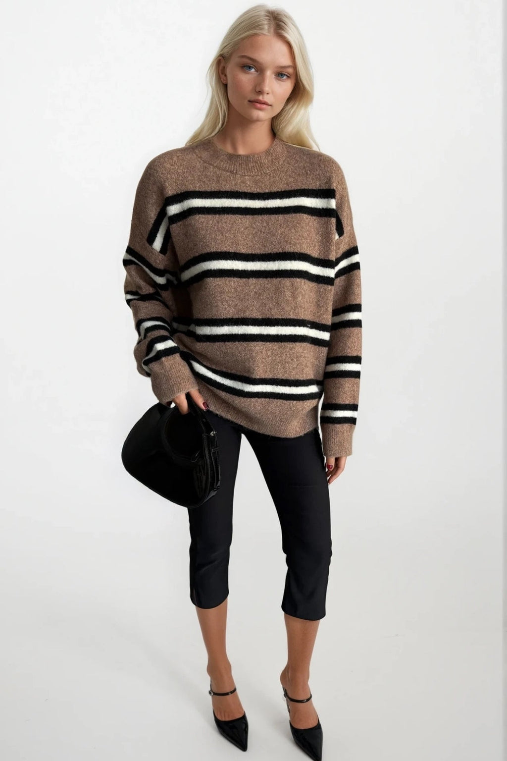 Striped Crew Neck Oversize Mink Knit Sweater