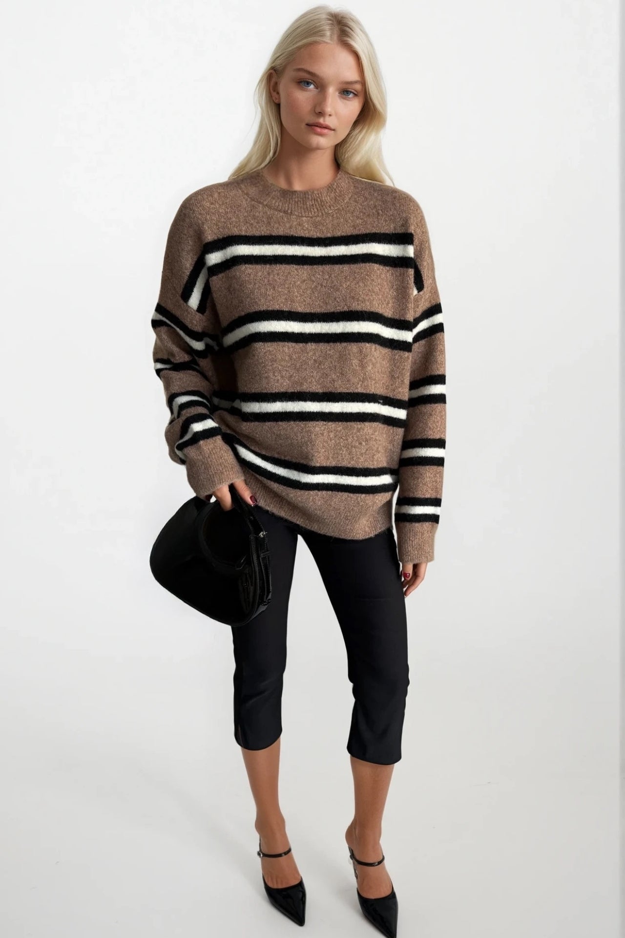 Striped Crew Neck Oversize Mink Knit Sweater