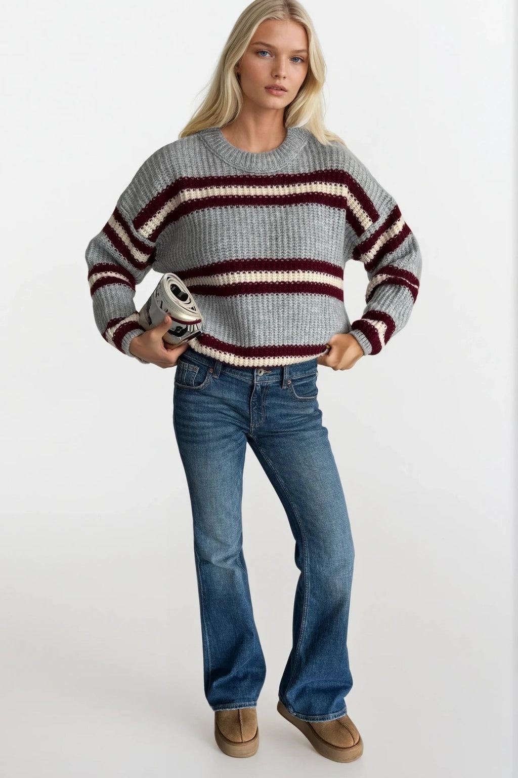 Striped Crew Neck Gray Knit Sweater