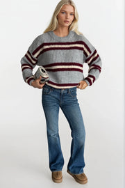 Striped Crew Neck Gray Knit Sweater