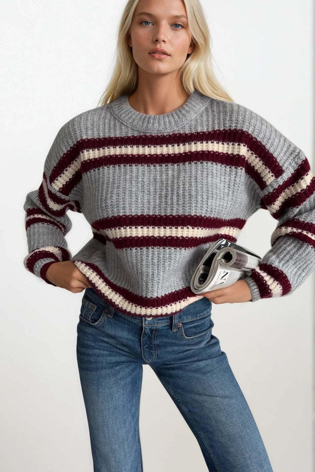 Striped Crew Neck Gray Knit Sweater