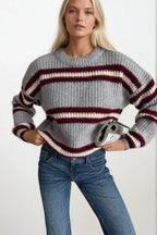 Striped Crew Neck Gray Knit Sweater