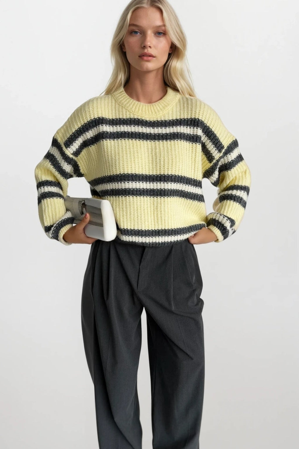Striped Crew Neck Yellow Knit Sweater