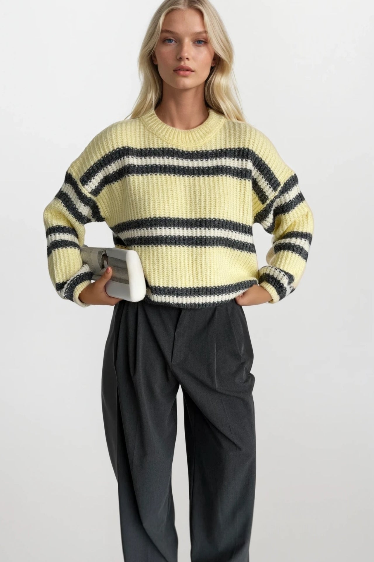 Striped Crew Neck Yellow Knit Sweater
