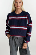 Striped Crew Neck Navy Knit Sweater