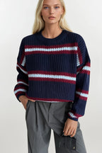 Striped Crew Neck Navy Knit Sweater