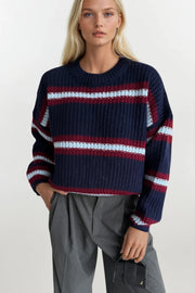 Striped Crew Neck Navy Blue Knit Sweater