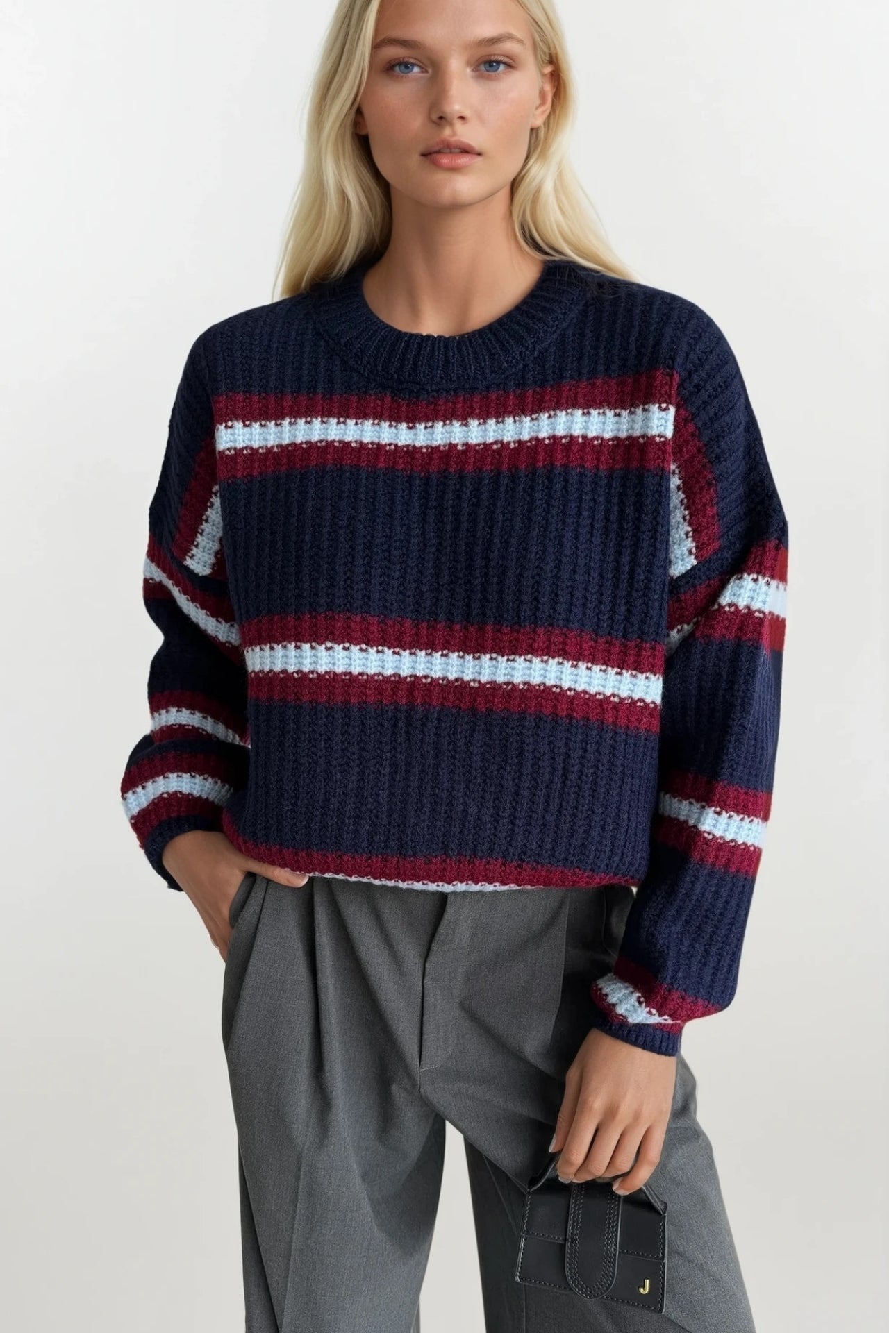 Striped Crew Neck Navy Knit Sweater