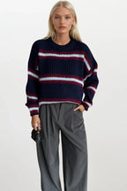 Striped Crew Neck Navy Knit Sweater