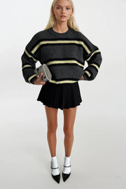 Striped Bicycle Collar Anthracite Knit Sweater