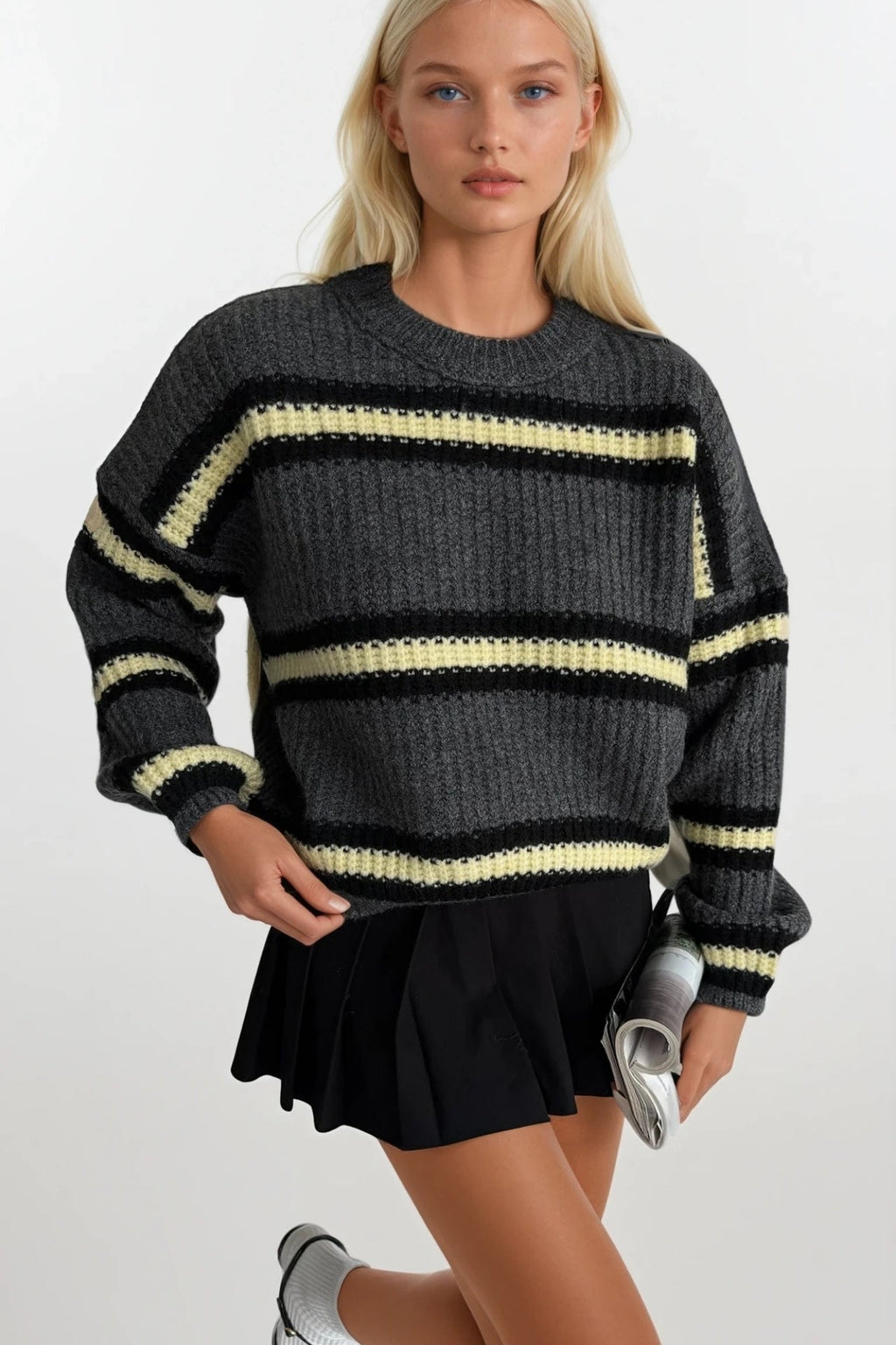 Striped Crew Neck Anthracite Knit Sweater