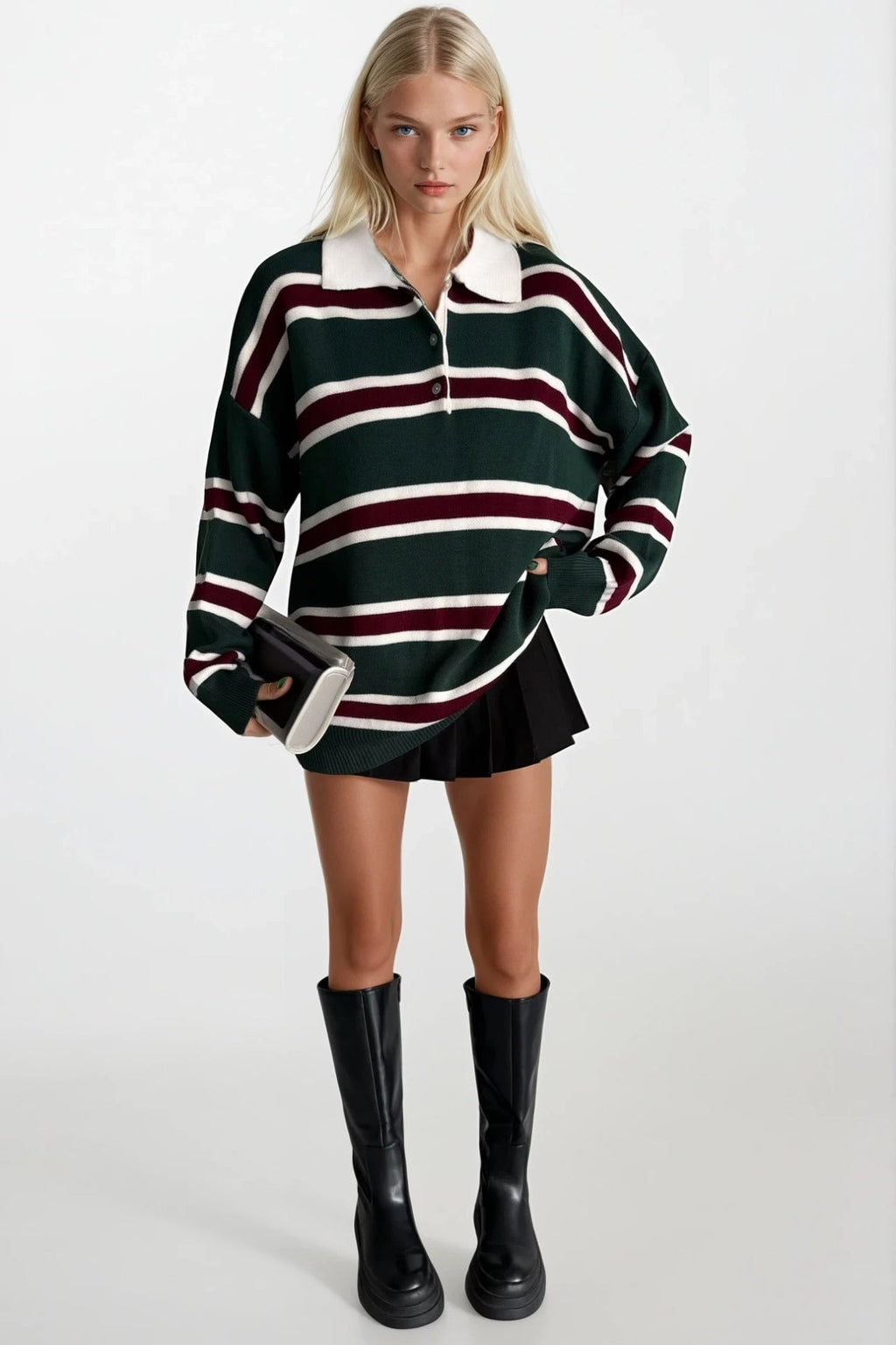 Striped Buttoned Polo Collar Green Knit Blouse