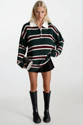 Striped Buttoned Polo Collar Green Knit Blouse