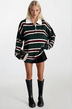 Striped Buttoned Polo Collar Green Knit Blouse