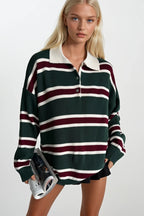 Striped Buttoned Polo Collar Green Knit Blouse