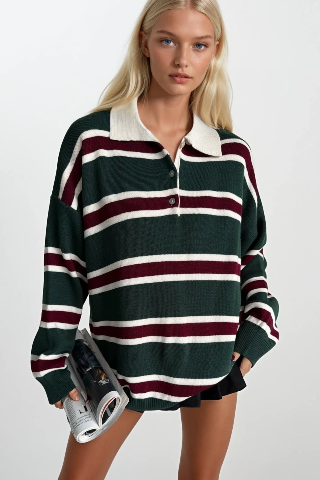 Striped Buttoned Polo Collar Green Knit Blouse