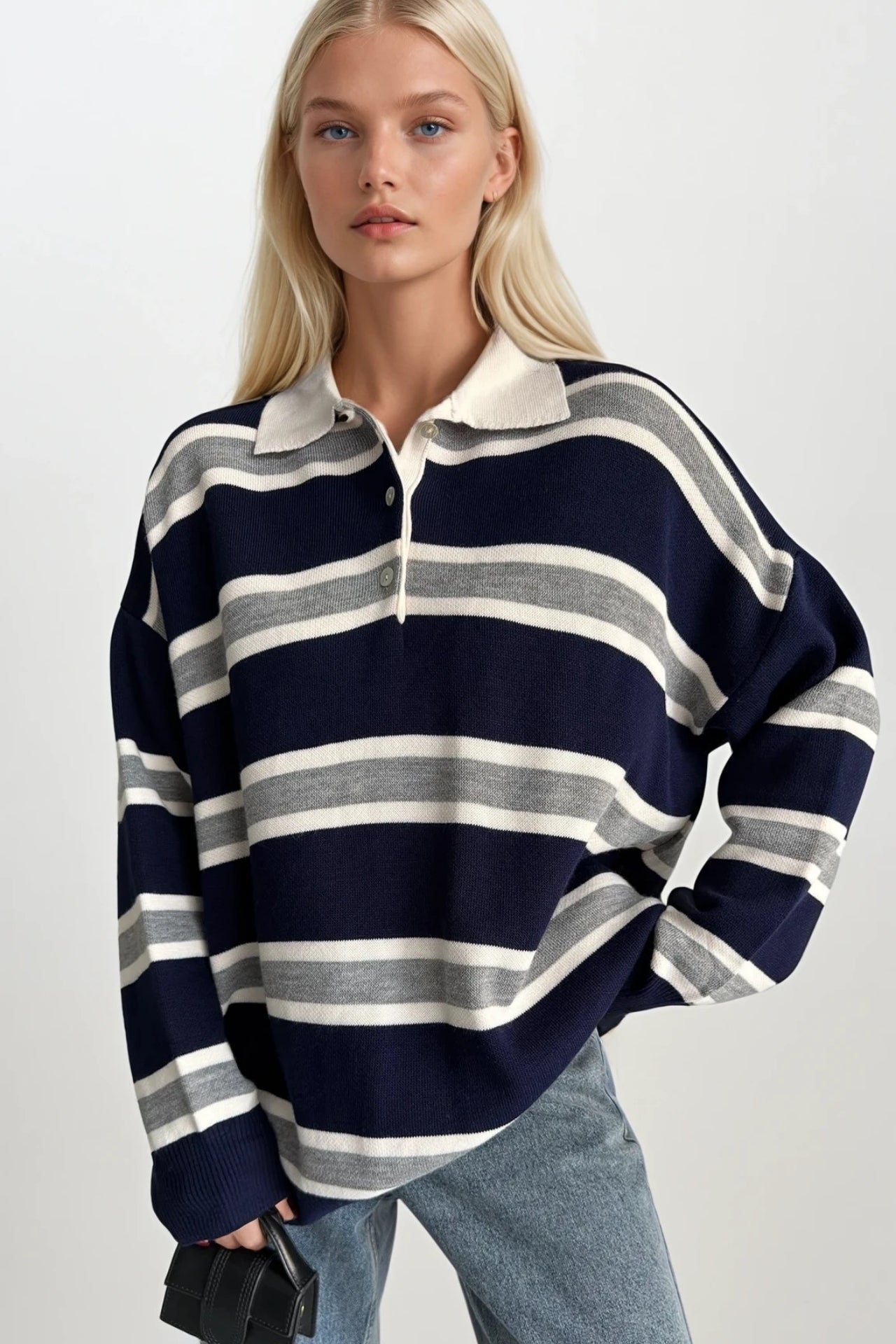 Striped Buttoned Polo Collar Navy Knit Blouse