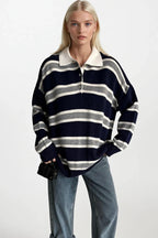 Striped Buttoned Polo Collar Navy Knit Blouse