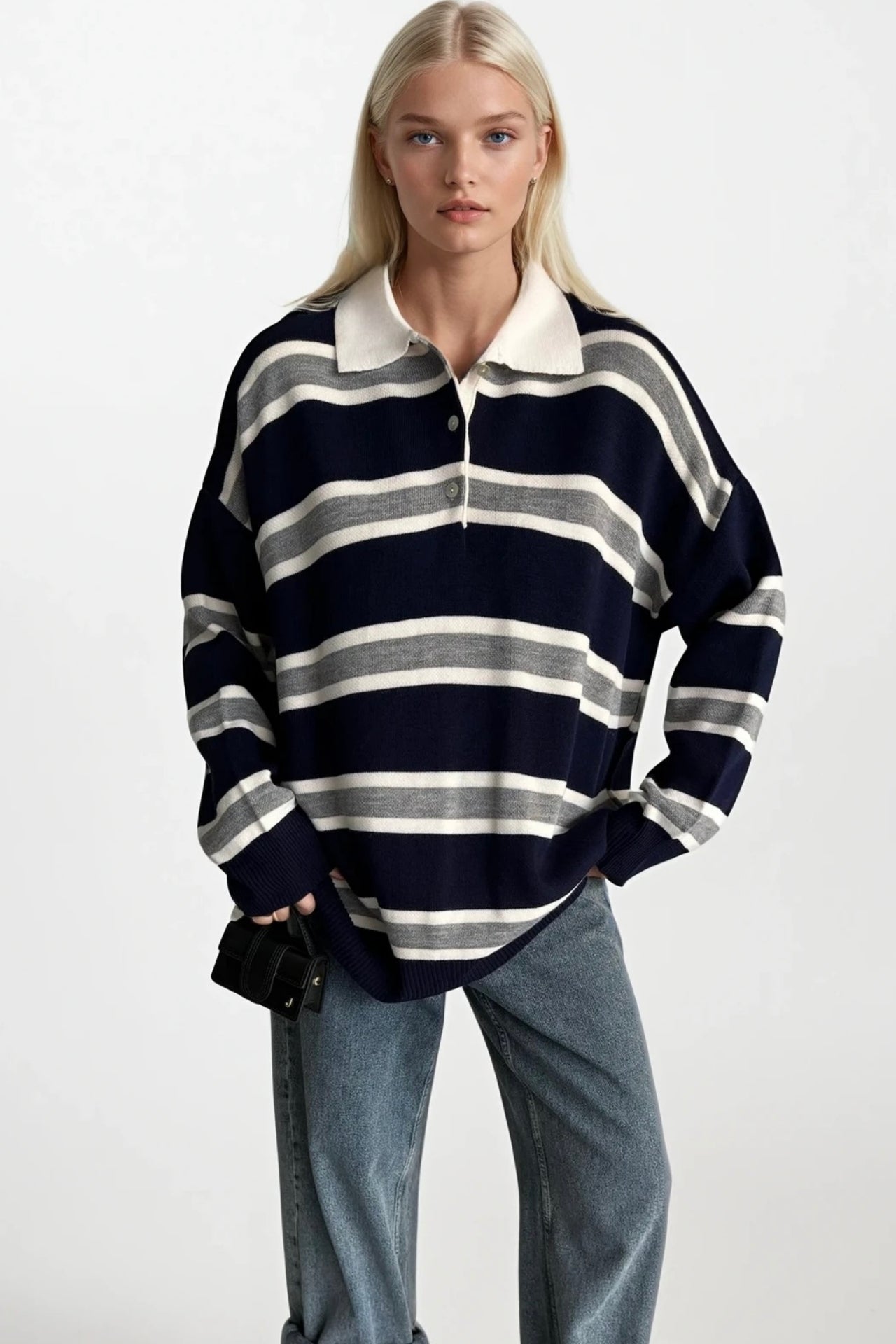 Striped Buttoned Polo Collar Navy Knit Blouse