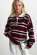 Striped Buttoned Polo Collar Burgundy Knit Blouse