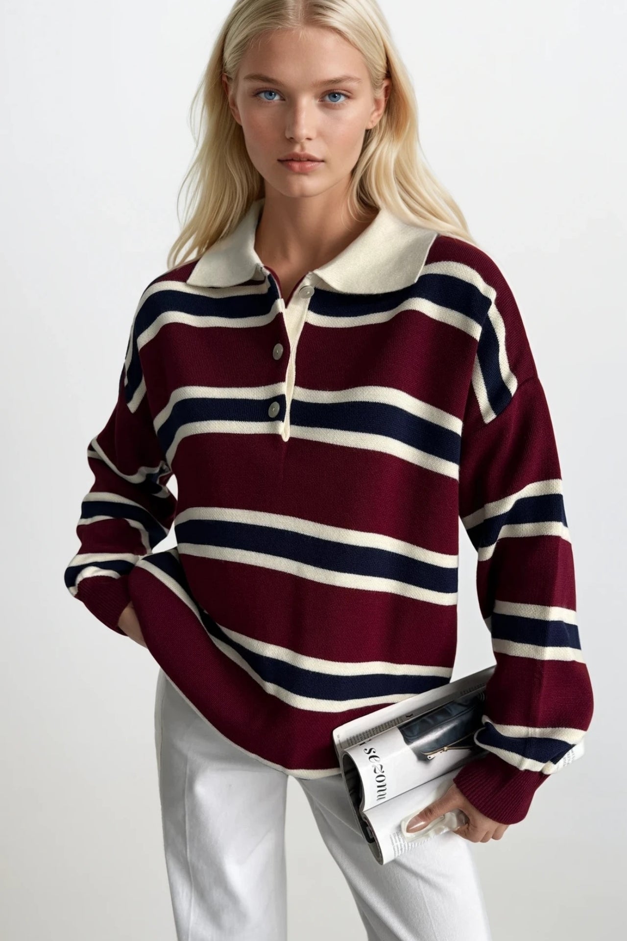 Striped Buttoned Polo Collar Burgundy Knit Blouse