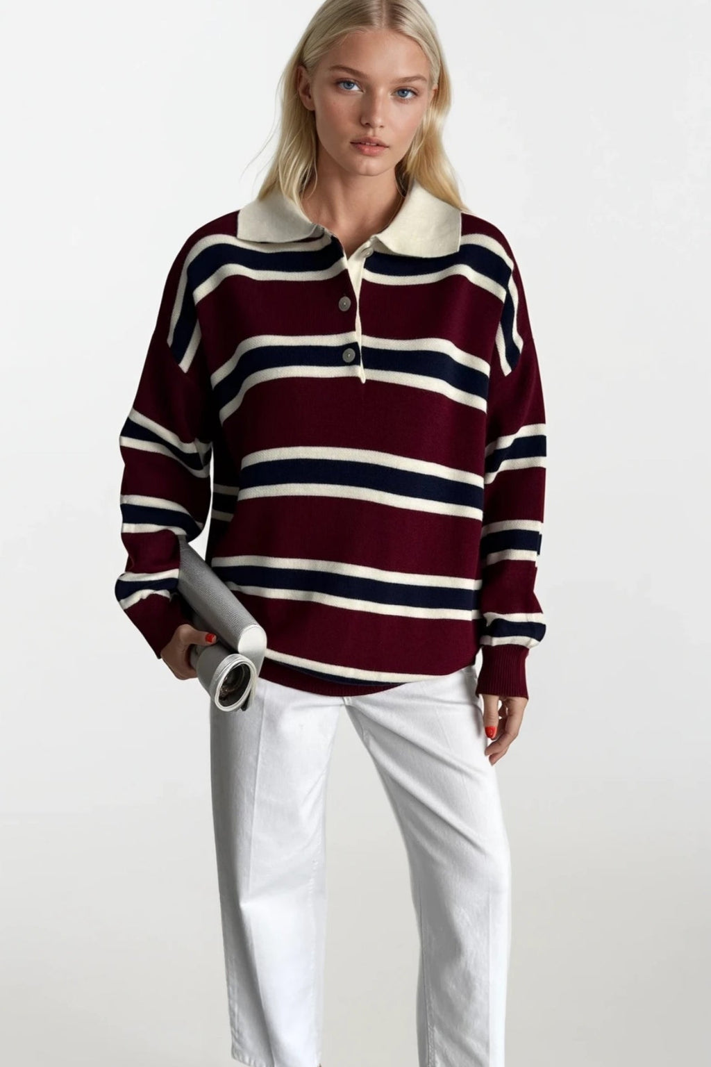Striped Buttoned Polo Collar Burgundy Knit Blouse