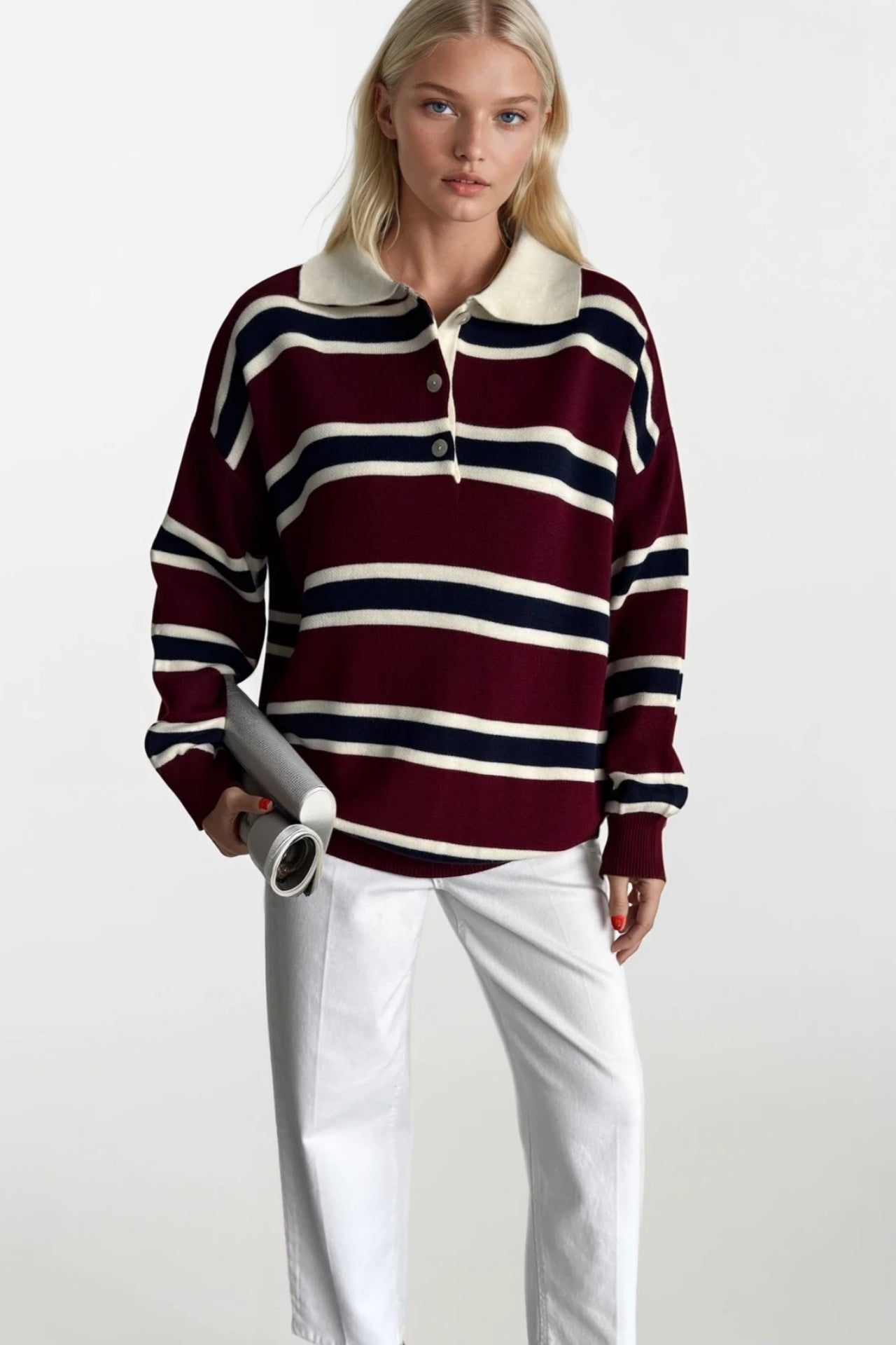 Striped Buttoned Polo Collar Burgundy Knit Blouse