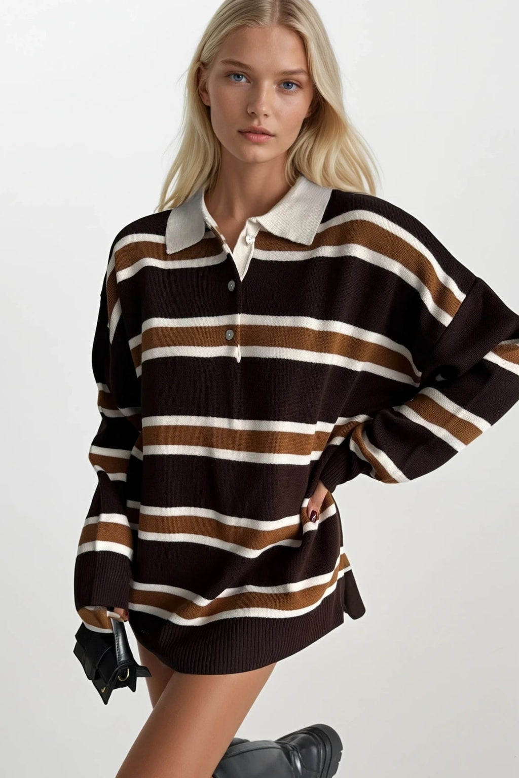 Striped Buttoned Polo Collar Beige Knit Blouse