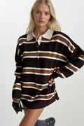 Striped Buttoned Polo Collar Beige Knit Blouse