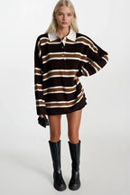 Striped Buttoned Polo Collar Beige Knit Blouse