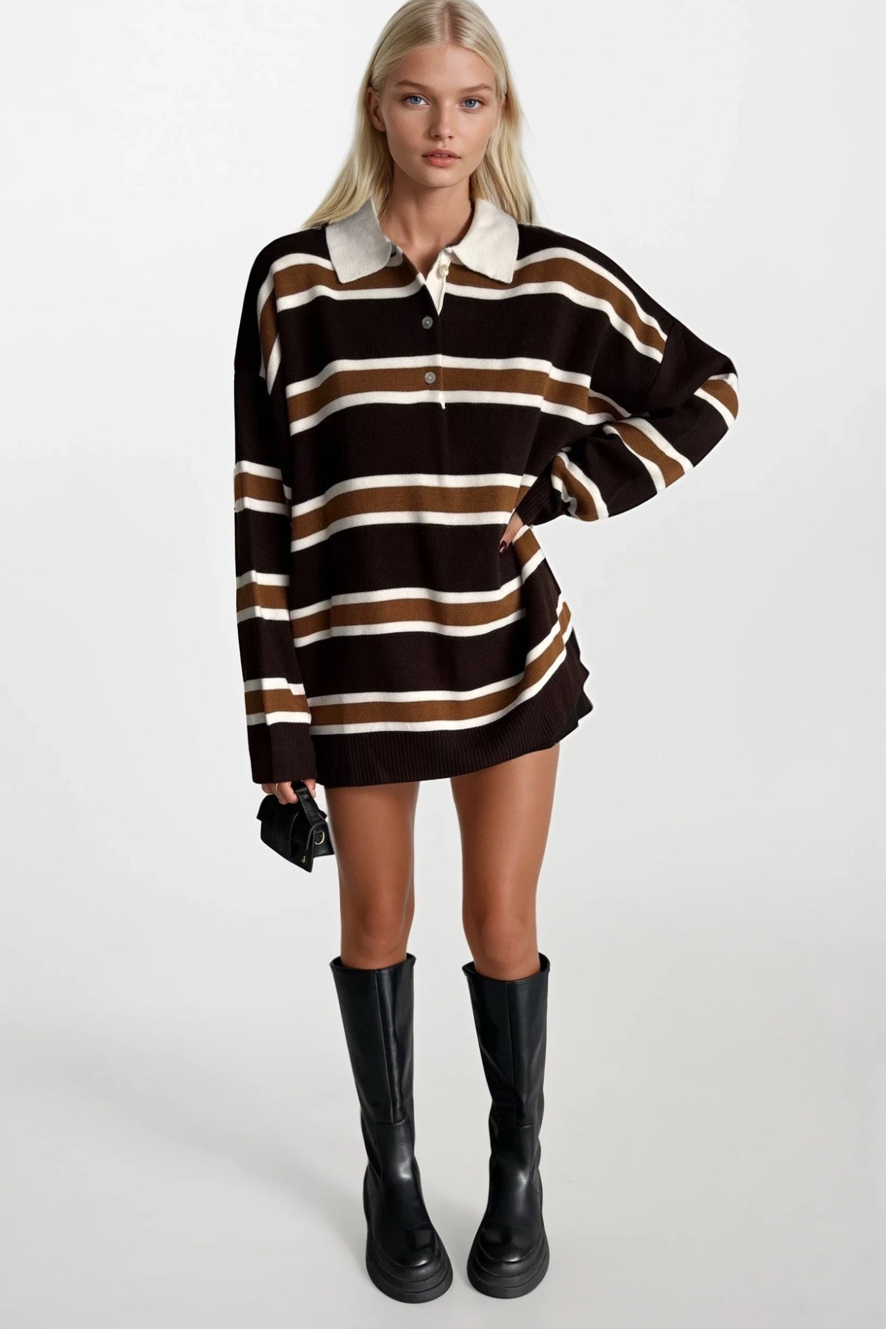 Striped Buttoned Polo Collar Beige Knit Blouse