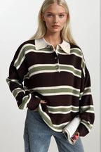 Striped Buttoned Polo Collar Brown Knit Blouse