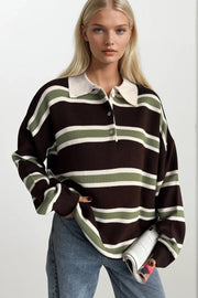 Striped Buttoned Polo Collar Green Knit Blouse