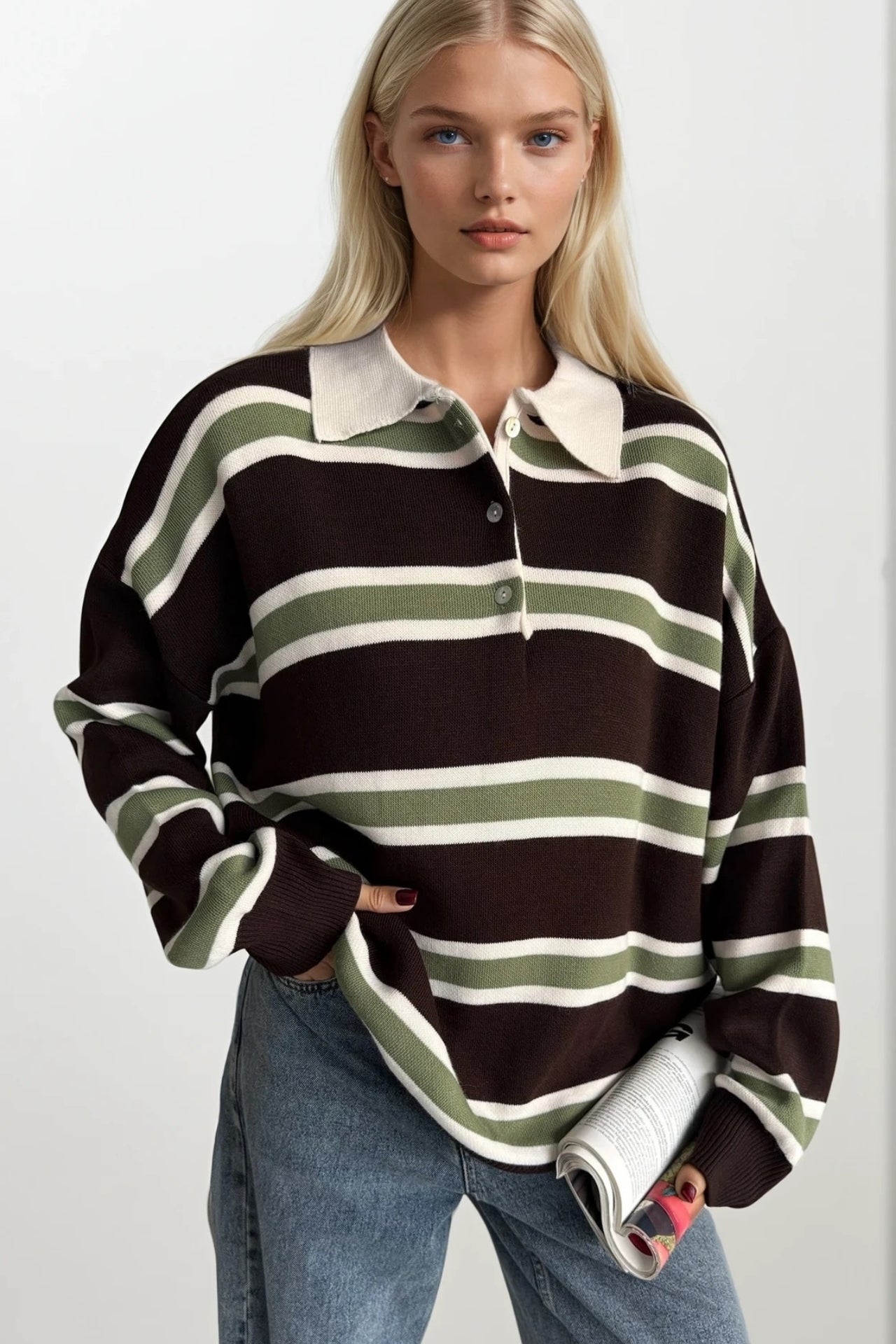 Striped Buttoned Polo Collar Brown Knit Blouse