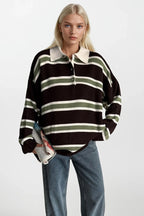 Striped Buttoned Polo Collar Brown Knit Blouse
