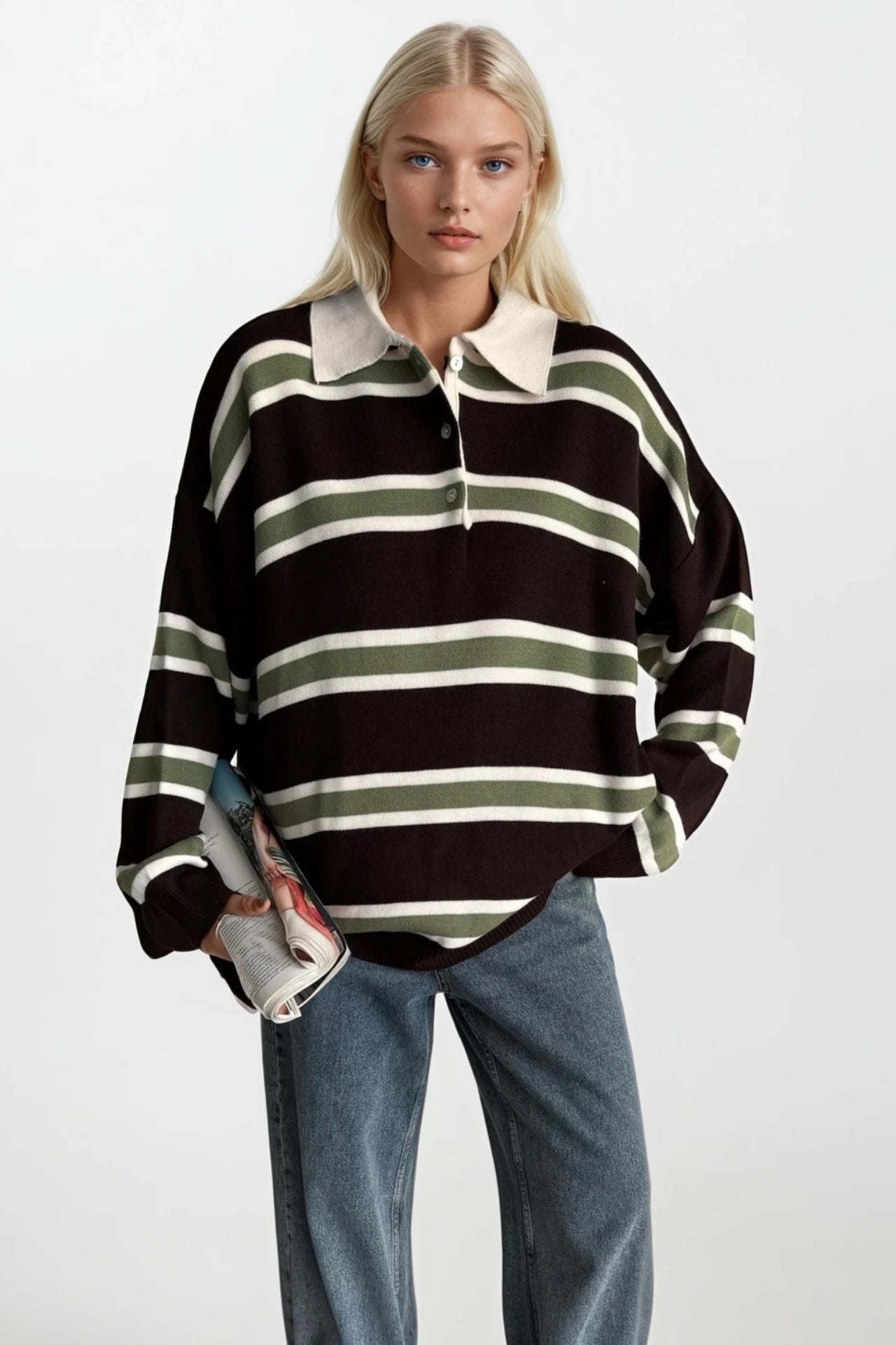 Striped Buttoned Polo Collar Brown Knit Blouse