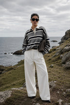 Striped Buttoned Polo Collar Gray Knit Blouse