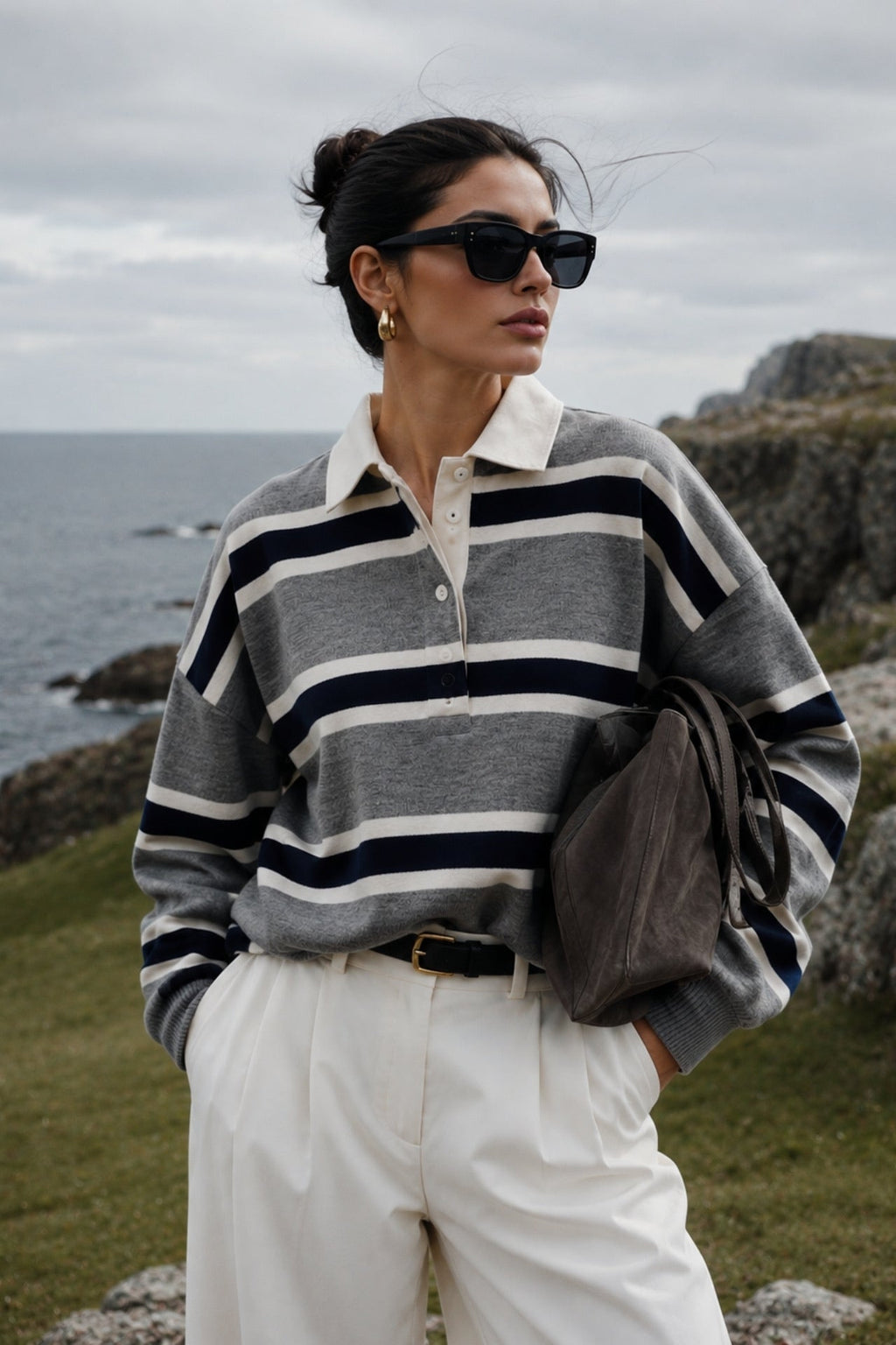 Striped Buttoned Polo Collar Gray Knit Blouse