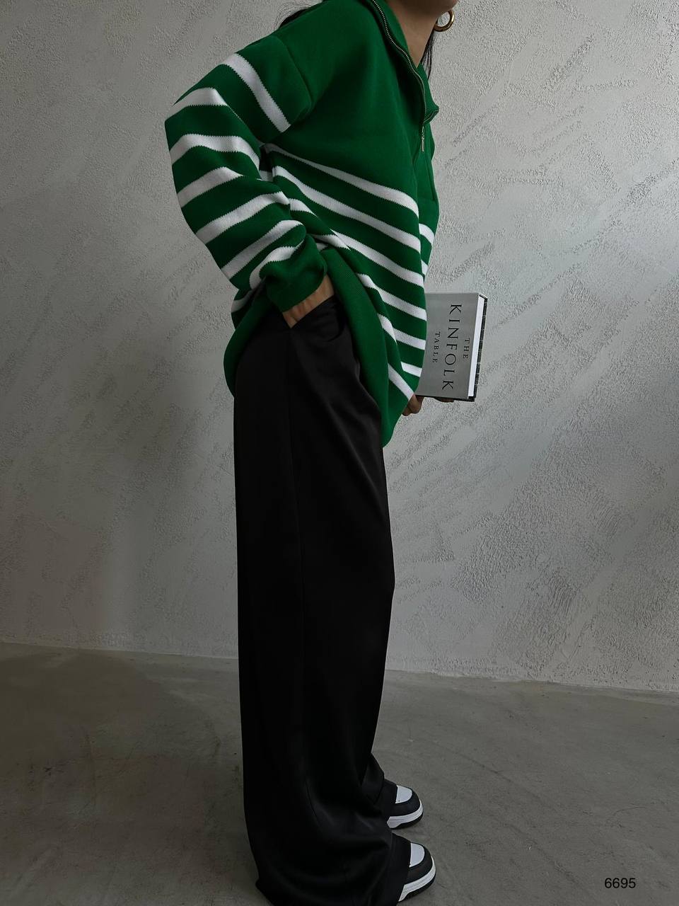 Striped Zip-Up Green Knit Sweater