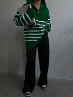 Striped Zip-Up Green Knit Sweater