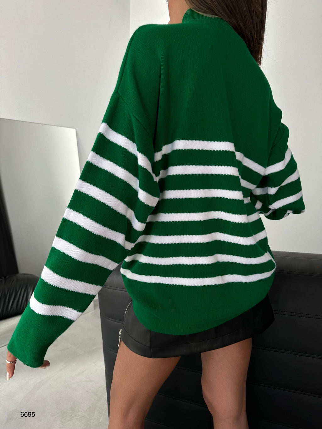 Striped Zip-Up Green Knit Sweater