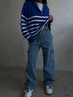 Striped Zip-Up Saks Knit Sweater