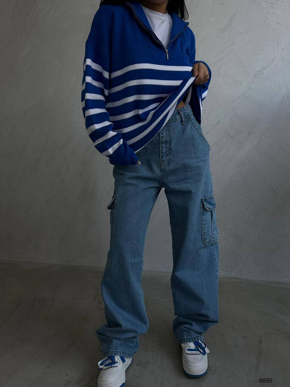 Striped Zip-Up Saks Knit Sweater