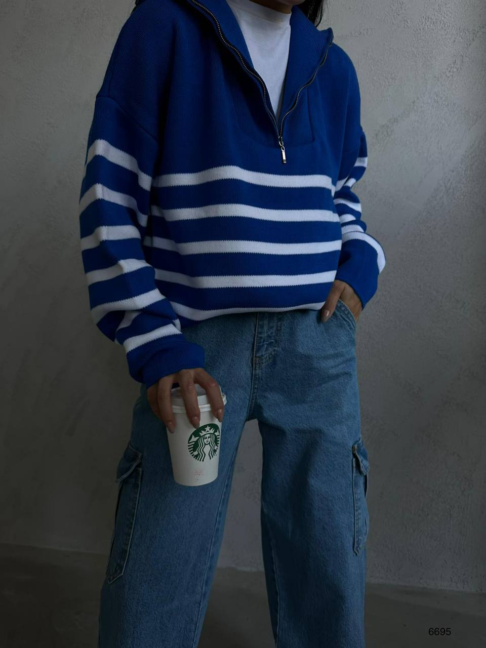 Striped Zip-Up Saks Knit Sweater
