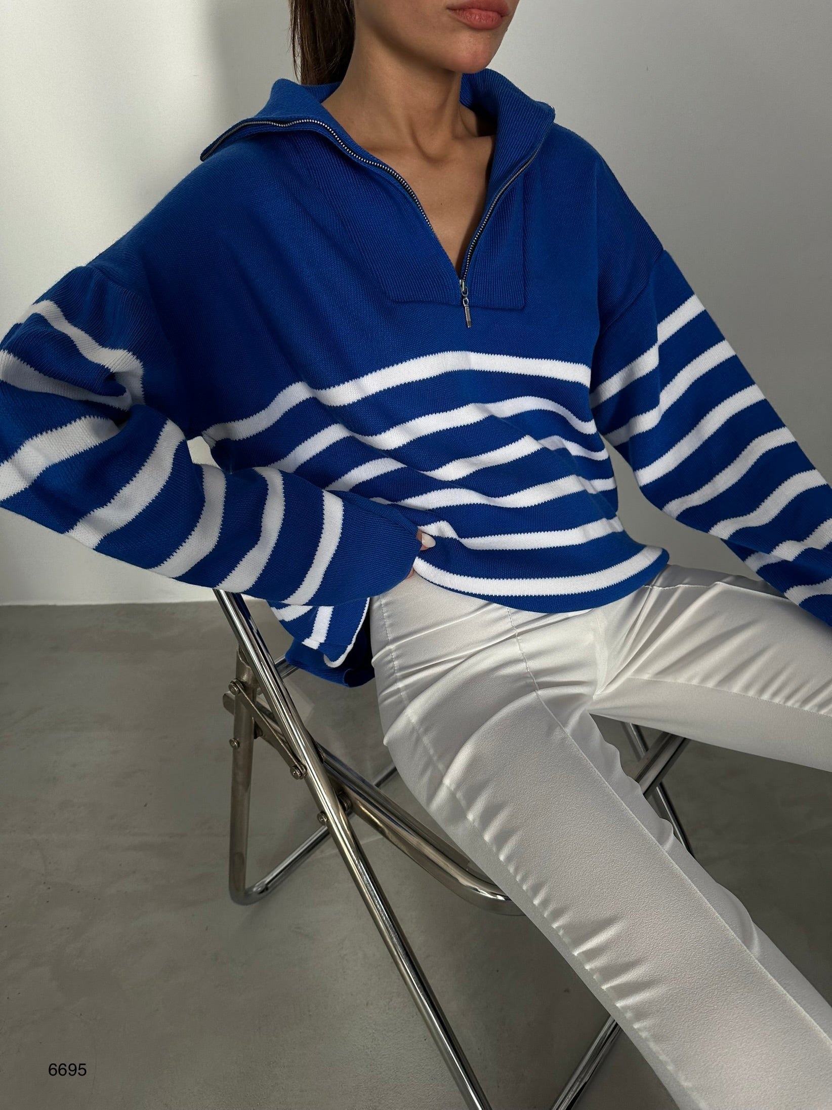 Striped Zip-Up Saks Knit Sweater